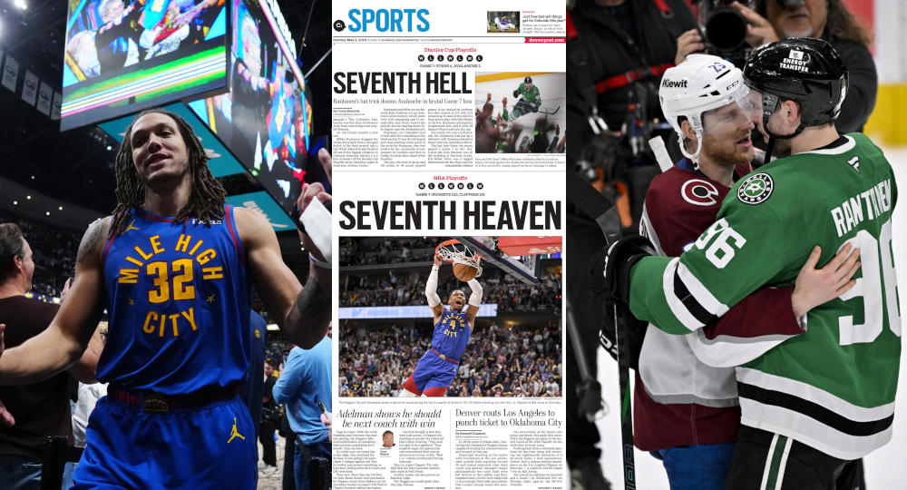 Shots from the Denver Nuggets' Game 7 win and the Colorado Avalanche's Game 7 loss, as well as the Denver Post sports front covering both.