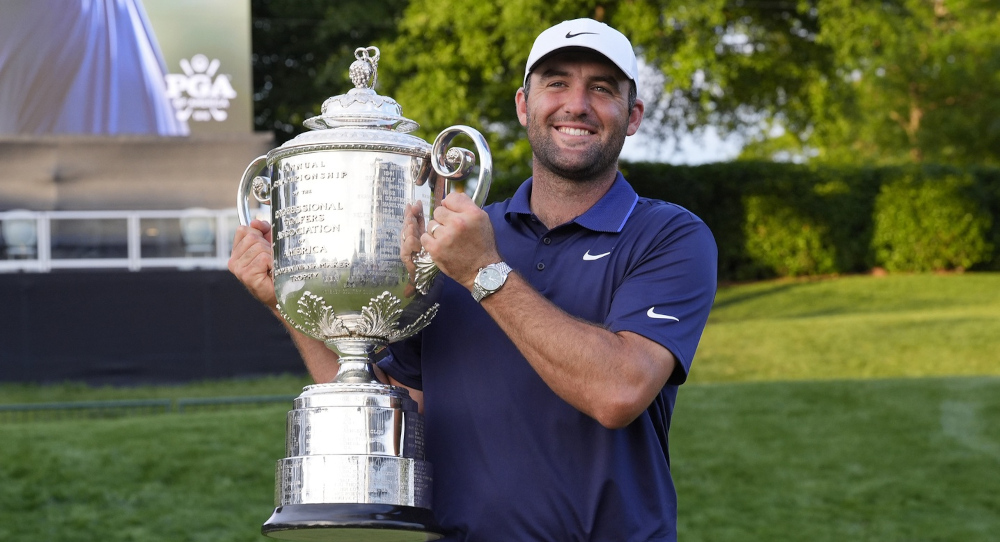 Scottie Scheffler celebrates his 2025 PGA Championship win.