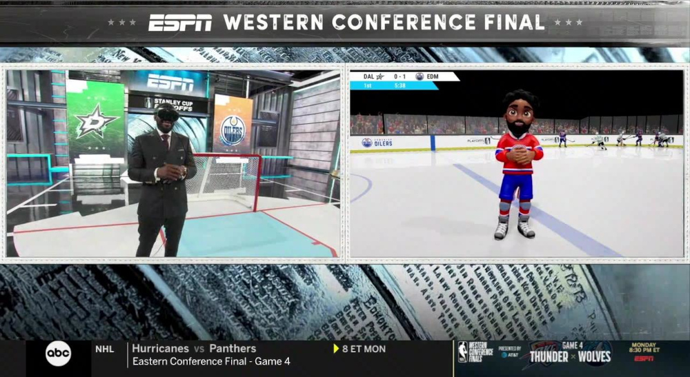 An image of ESPN NHL analyst P.K. Subban using VR tech for on-ice breakdowns.