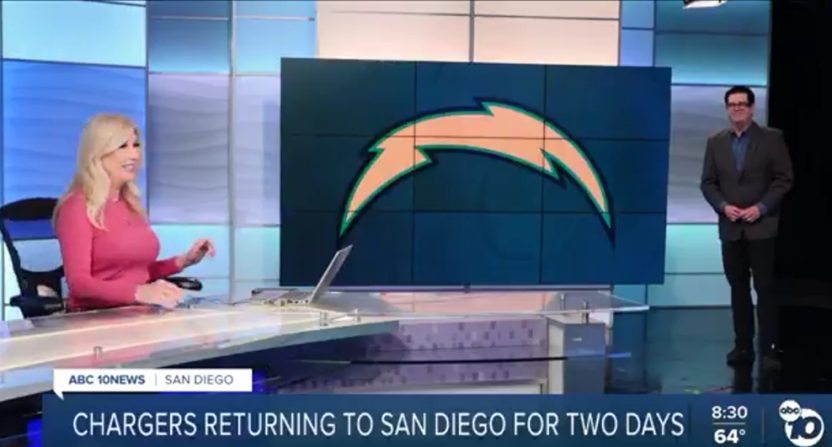 10News San Diego's Kimberly Hunt (L) and Ben Higgins discussing the Chargers' training camp return.