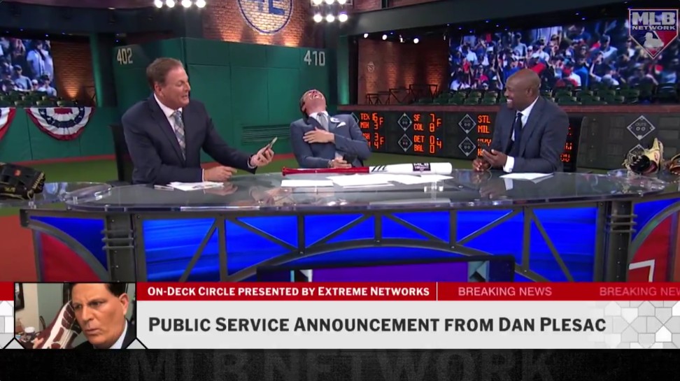 With co-hosts Greg Amsinger and Harold Reynolds laughing in the background, Dan Plesac shared his credit card scam story. Photo Credit: MLB Network.