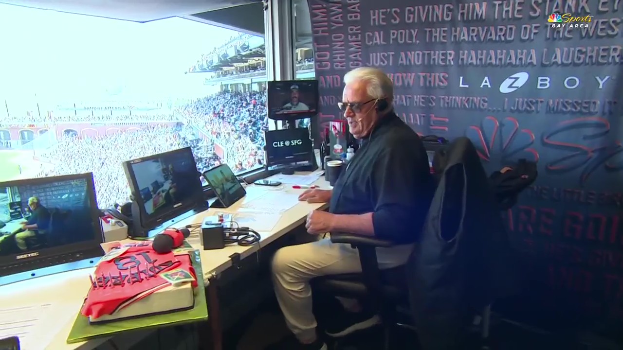 The Giants surprised longtime announcer Duane Kuiper with a cake to honor celebrate his 75th birthday during Thursday's game. Photo Credit: NBC Sports Bay Area.
