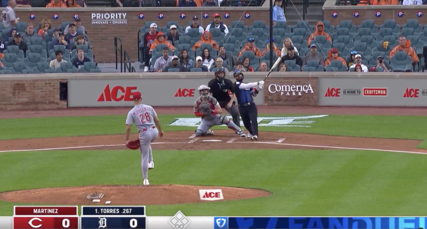 Tigers leadoff hitter Gleyber Torres hitting a home run to leadoff the game against the Reds.