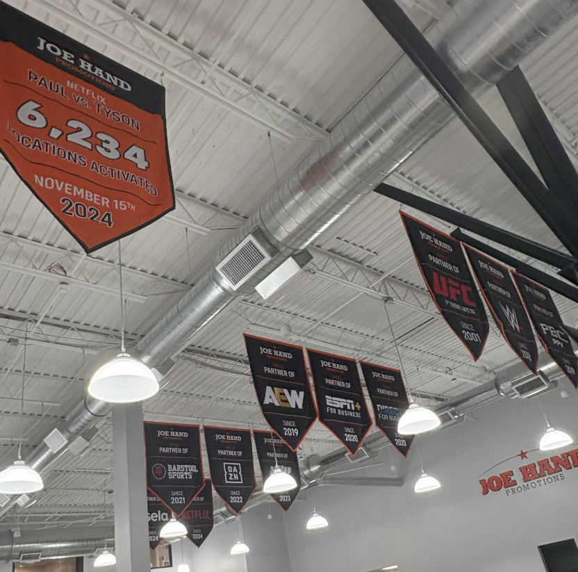 A fuller view of some of the banners Joe Hand Promotions has in their facility, showing their various bar/restaurant streaming agreements.