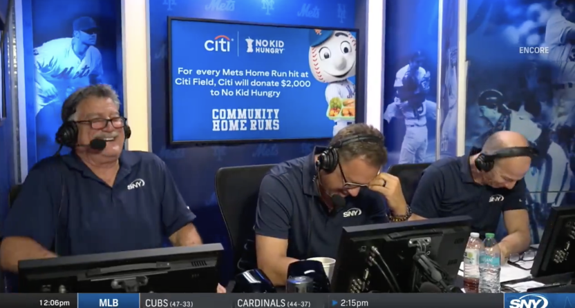 A look into the Mets broadcast booth showing Keith Hernandez, Ron Darling, and Gary Cohen