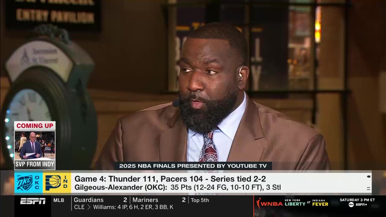 Kendrick Perkins calls out Pat McAfee and Indiana Pacers fans after Game 4 of the NBA Finals. Photo Credit: ESPN