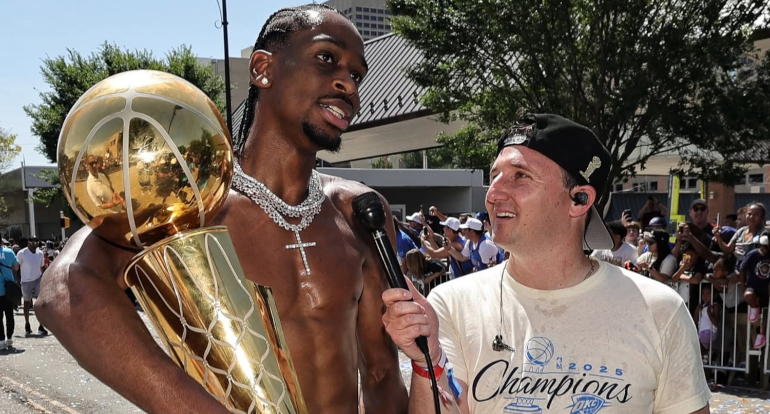 Nick Gallo with NBA Finals MVP Shai Gilgeous-Alexander during the championship parade for the Oklahoma City Thunder. (Photo courtesy of Nick Gallo)