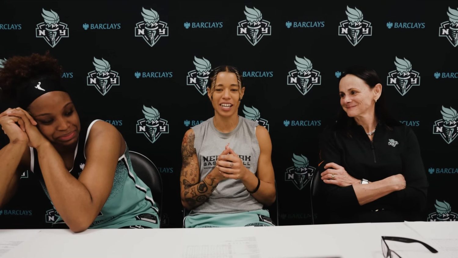 Natasha Cloud, Kennedy Burke, and New York Liberty Head Coach Sandy Brondello