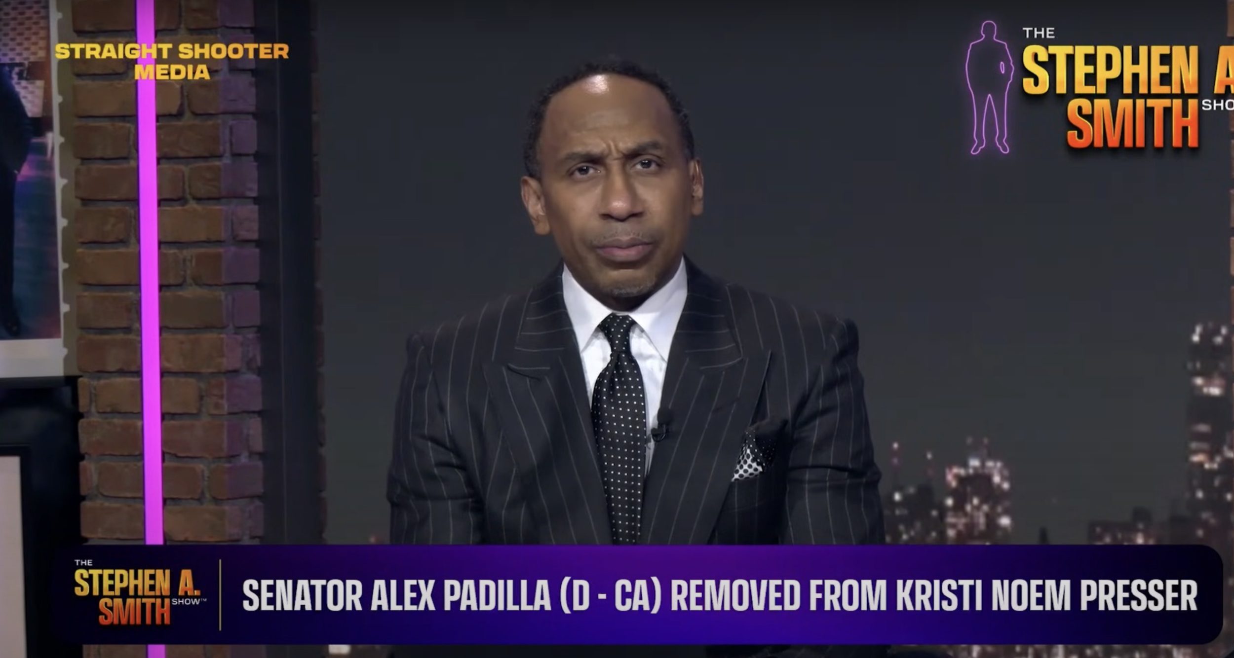 Stephen A. Smith criticized Alex Padilla over his confrontation with Kristi Noem on his independent podcast platform