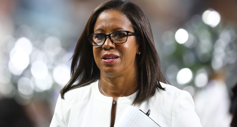 Sep 13, 2021; Paradise, Nevada, USA; ESPN Monday Night Football sideline reporter Lisa Salters during the Las Vegas Raiders game against the Baltimore Ravens at Allegiant Stadium. Mandatory Credit: Mark J. Rebilas-USA TODAY Sports