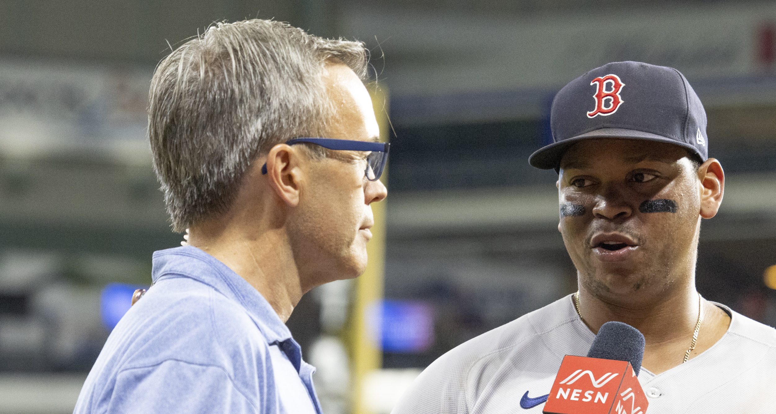 Aug 2, 2022; Houston, Texas, USA; Boston Red Sox third baseman Rafael Devers (11) is interviewed after the Red Sox defeated the Houston Astros at Minute Maid Park.