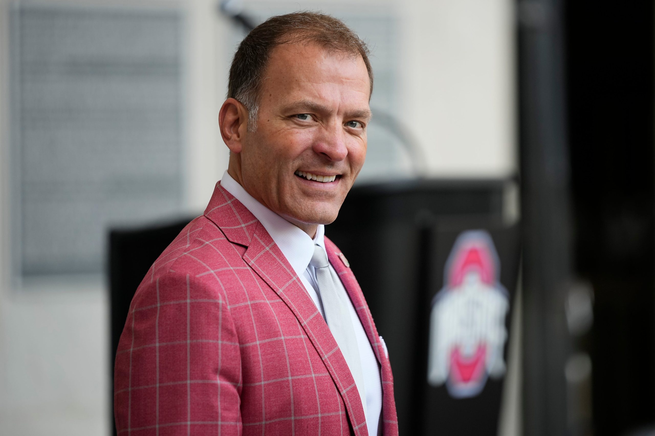 Aug 30, 2024; Columbus, OH, USA; Ohio State director of athletics Ross Bjork attends the unveiling of a statue for former Buckeyes running back Archie Griffin outside Ohio Stadium.