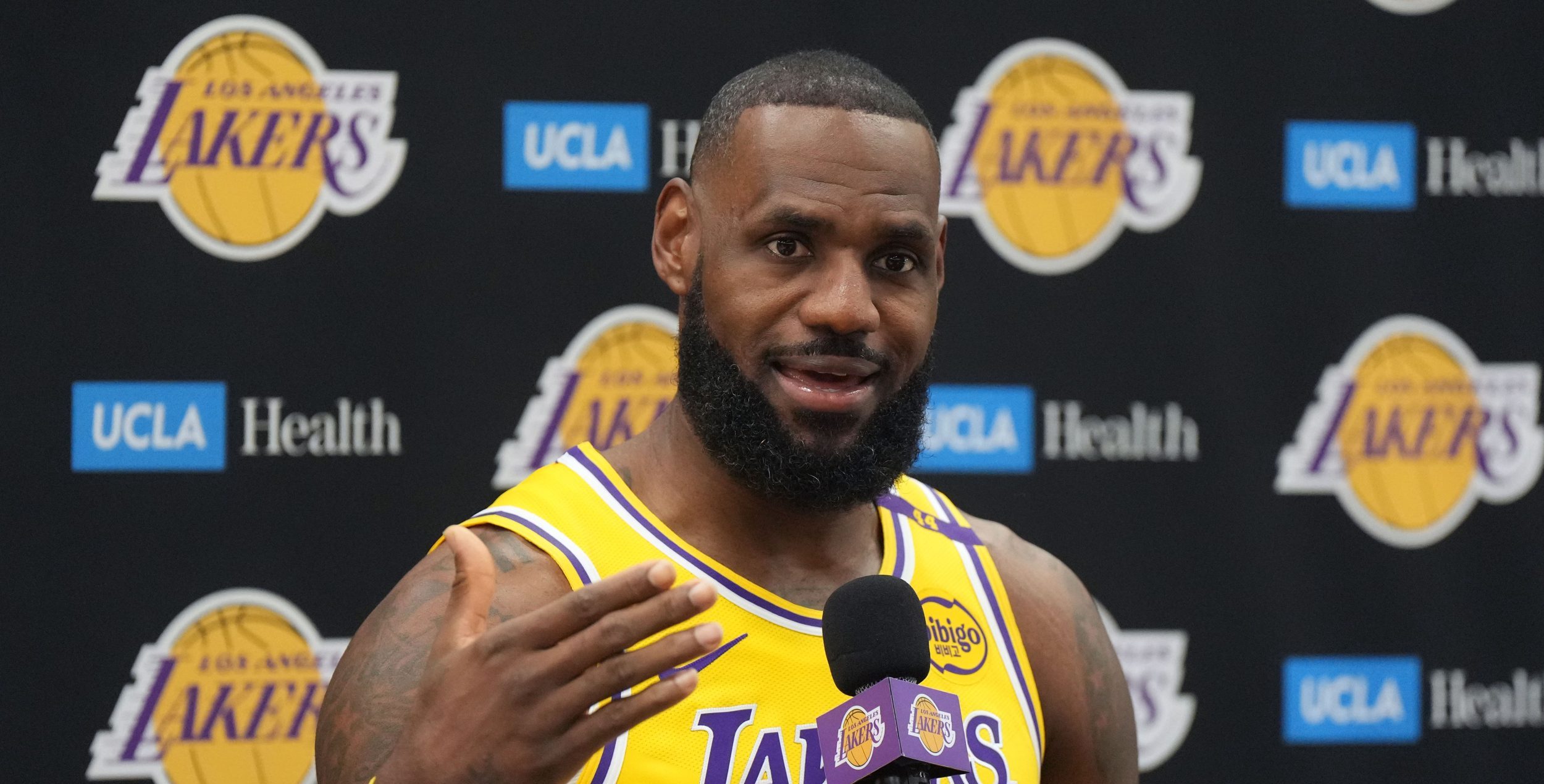 Sep 30, 2024; El Segundo, CA, USA; Los Angeles Lakers forward LeBron James (6) during media day at the UCLA Health Training Center.