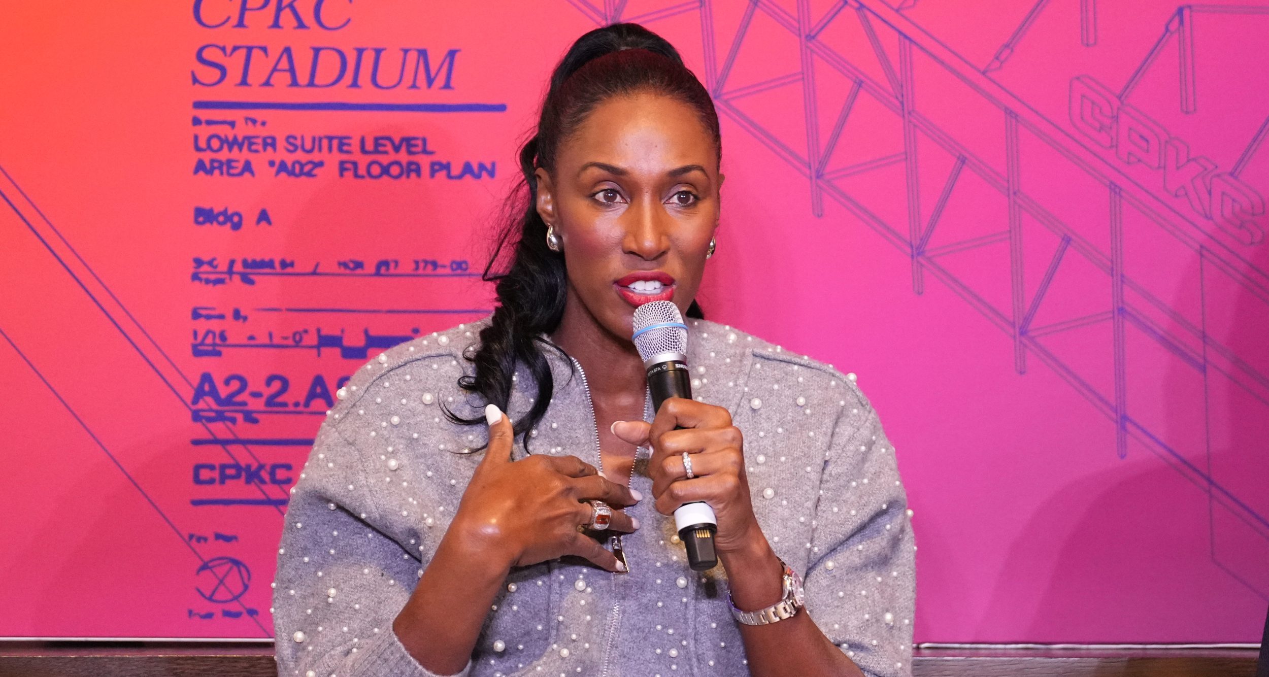 Nov 22, 2024; Kansas City, Missouri, USA; Former NBA player and olympic athlete Lisa Leslie speaks during a DEI Summit ahead of the 2024 NWSL Championship match at Union Station