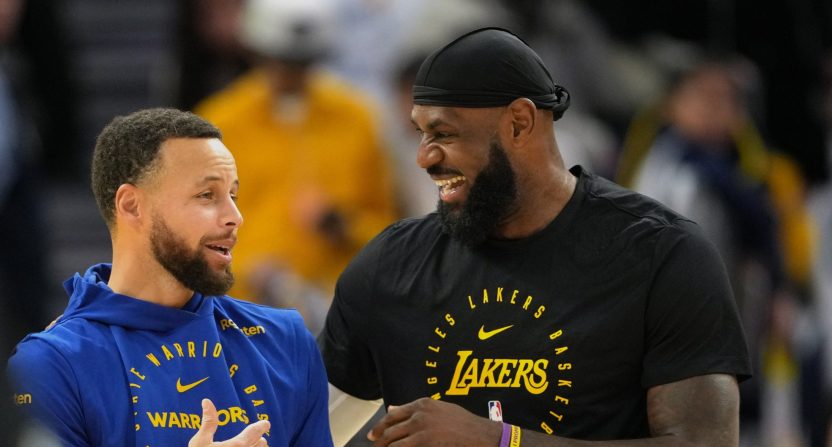 Steph Curry and LeBron James. Mandatory Credit: Darren Yamashita-Imagn Images