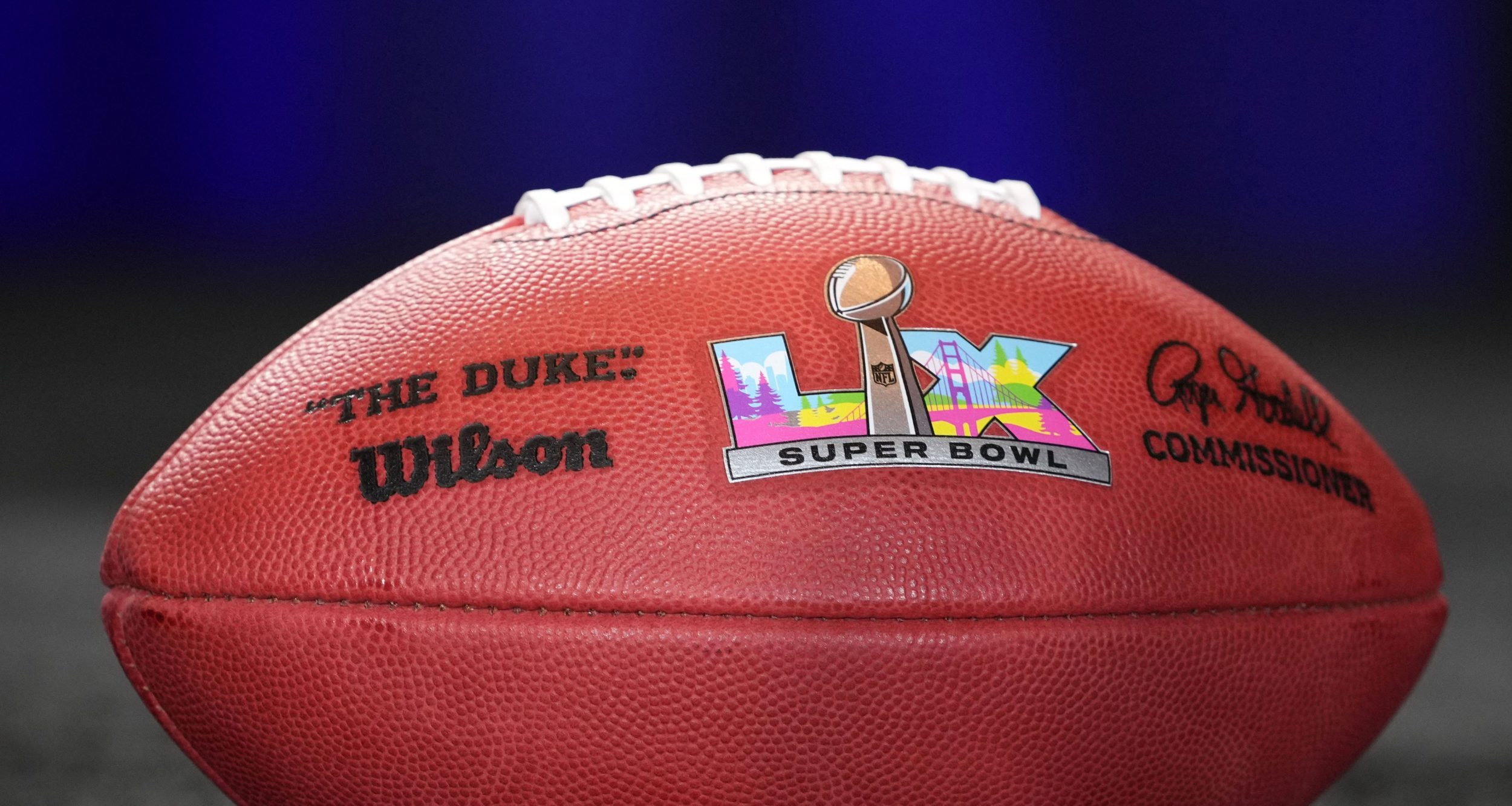 A Wilson official NFL Duke football with the Super Bowl LX (60) logo at the Super Bowl LIX host committee handoff press conference.