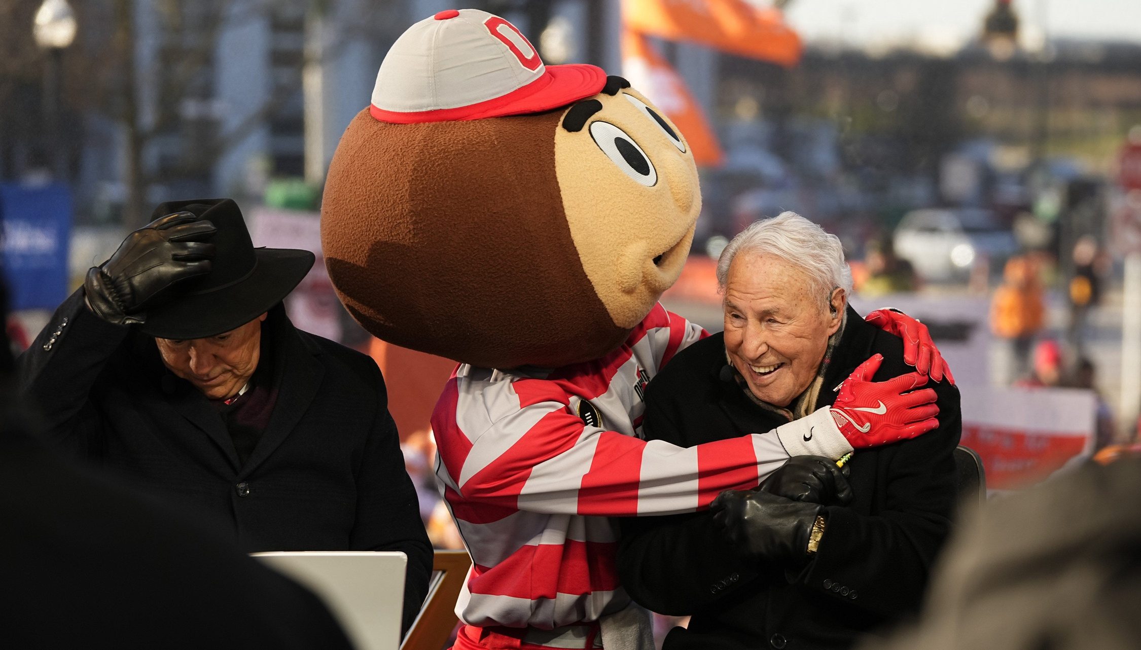 Ohio State mascot Brutus interacts with Lee Corso on the set of ESPN College GameDay prior to the College Football Playoff first round game between the Ohio State Buckeyes and Tennessee Volunteers in Columbus on Dec. 21, 2024.