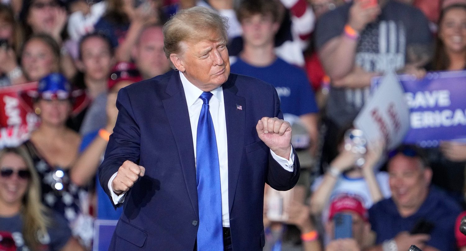 Apr 23, 2022; Delaware, Ohio, USA; Former President Donald Trump dances as he leaves the stage during a rally at the Delaware County Fairgrounds. Mandatory Credit: Adam Cairns-The Columbus Dispatch