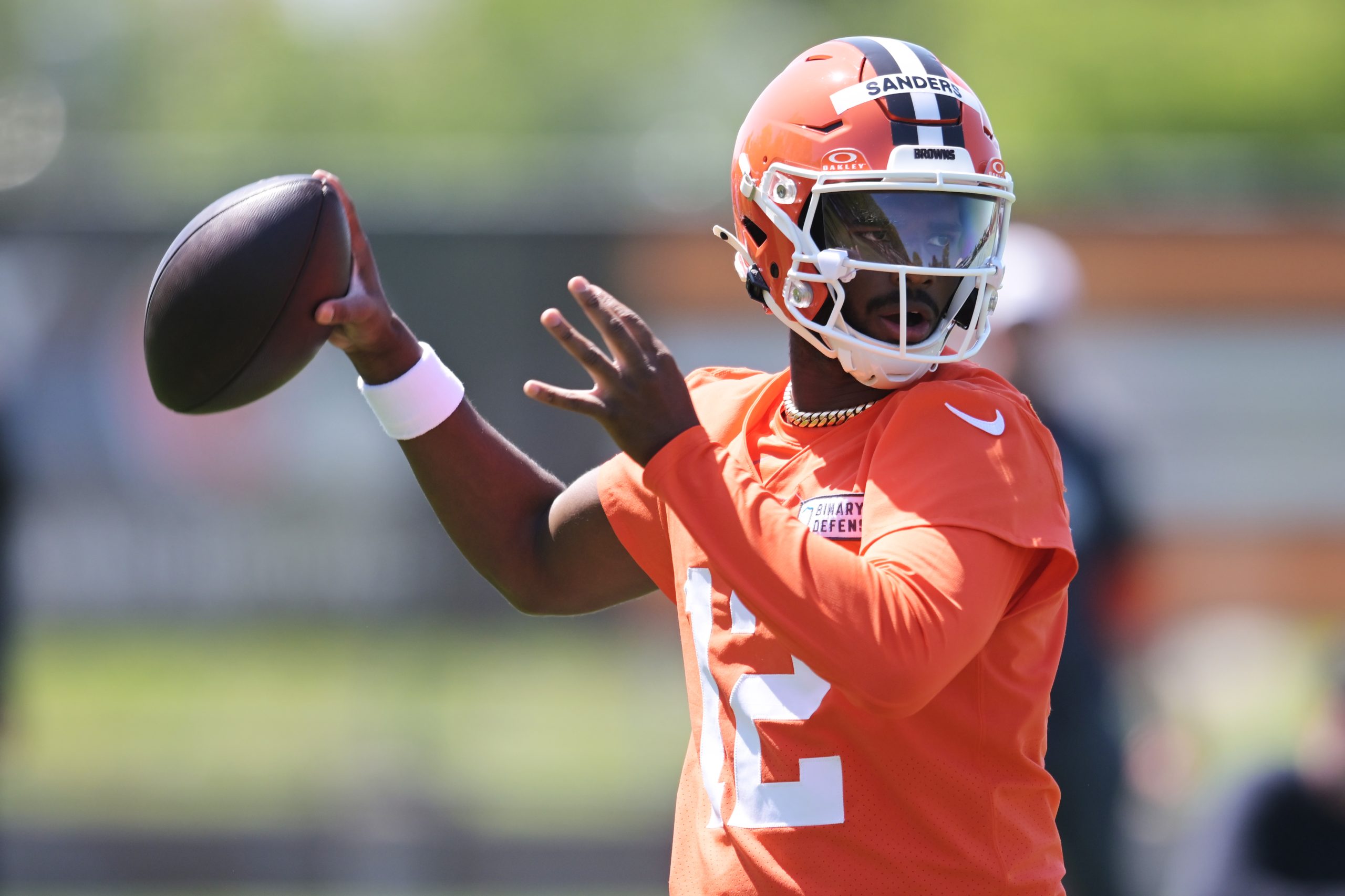 May 10, 2025; Berea, OH, USA; Cleveland Browns quarterback Shedeur Sanders (12) throws a pass during rookie minicamp at CrossCountry Mortgage Campus. Mandatory Credit: Ken Blaze-Imagn Images