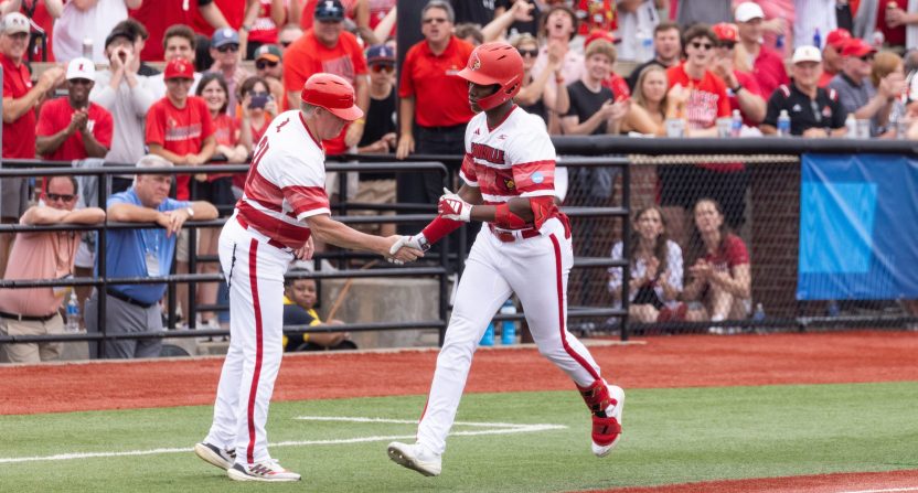 Louisville outfielder Eddie King Jr. celebrates his second home run of the game during the NCAA baseball Super Regional game 2 at Jim Patterson Stadium on June 7, 2025 in Louisville, Ky.