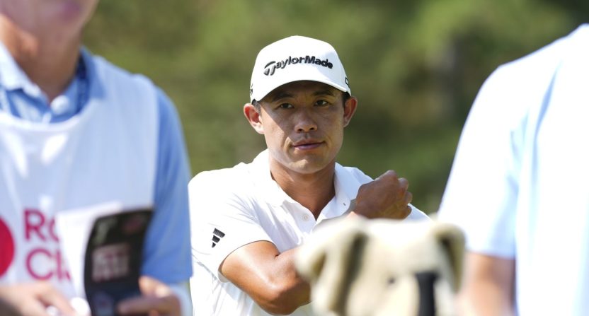 Collin Morikawa waits to hit on the third tee during the first round of the Rocket Mortgage Classic