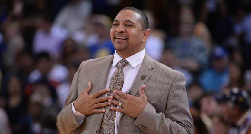 April 10, 2014; Oakland, CA, USA; Golden State Warriors head coach Mark Jackson instructs during the fourth quarter against the Denver Nuggets at Oracle Arena. The Nuggets defeated the Warriors 100-99.