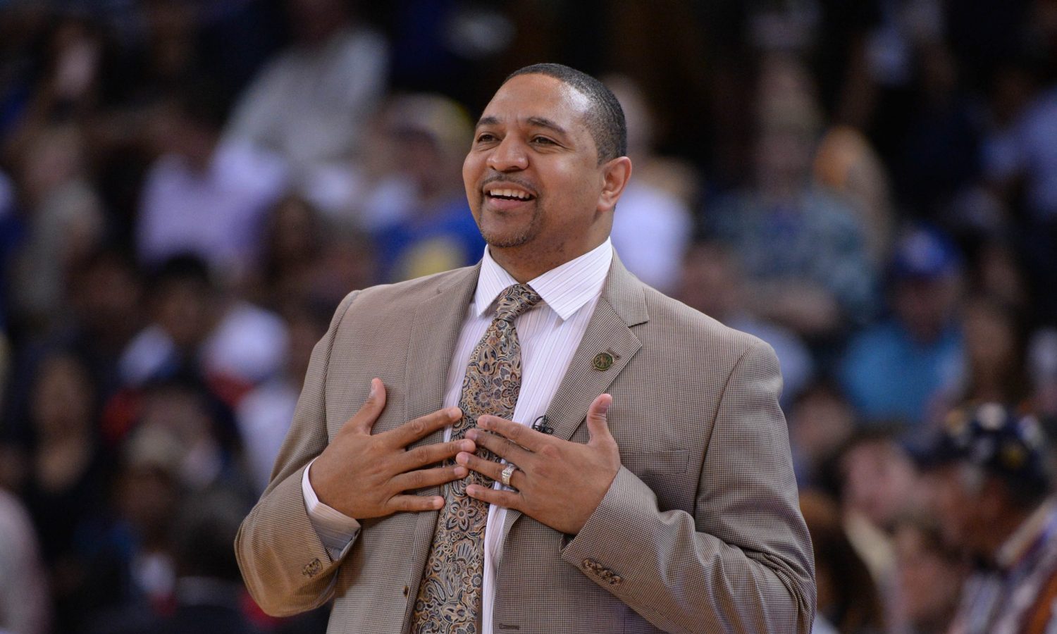 April 10, 2014; Oakland, CA, USA; Golden State Warriors head coach Mark Jackson instructs during the fourth quarter against the Denver Nuggets at Oracle Arena. The Nuggets defeated the Warriors 100-99.