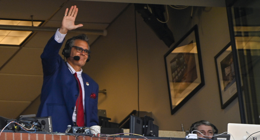 Chip Caray in the Cardinals' broadcast booth on March 30, 2023.