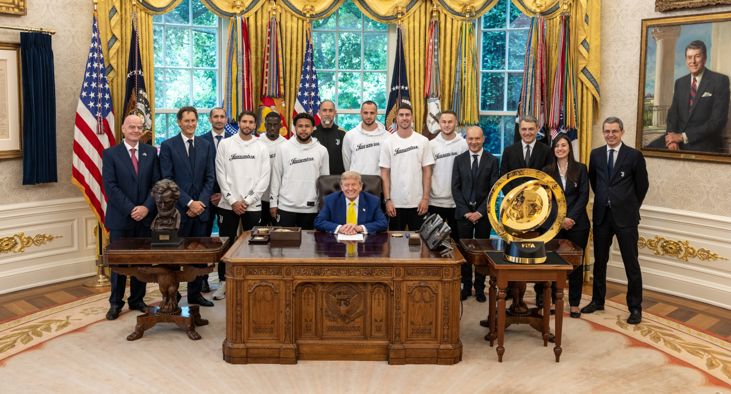 Juventus players, staff, and FIFA execs with U.S. president Donald Trump in the Oval Office on June 18, 2025.