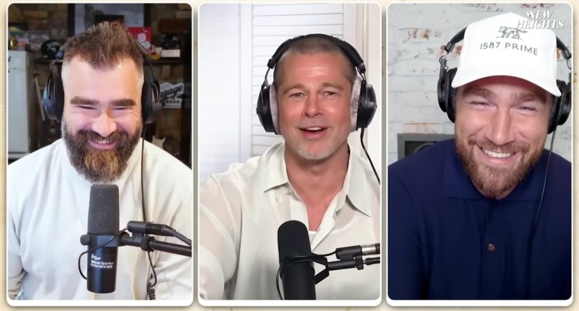 Brad Pitt discusses his movies on the "New Heights" Podcast with Jason Kelce and Travis Kelce. Photo Credit: New Heights Podcast/YouTube.