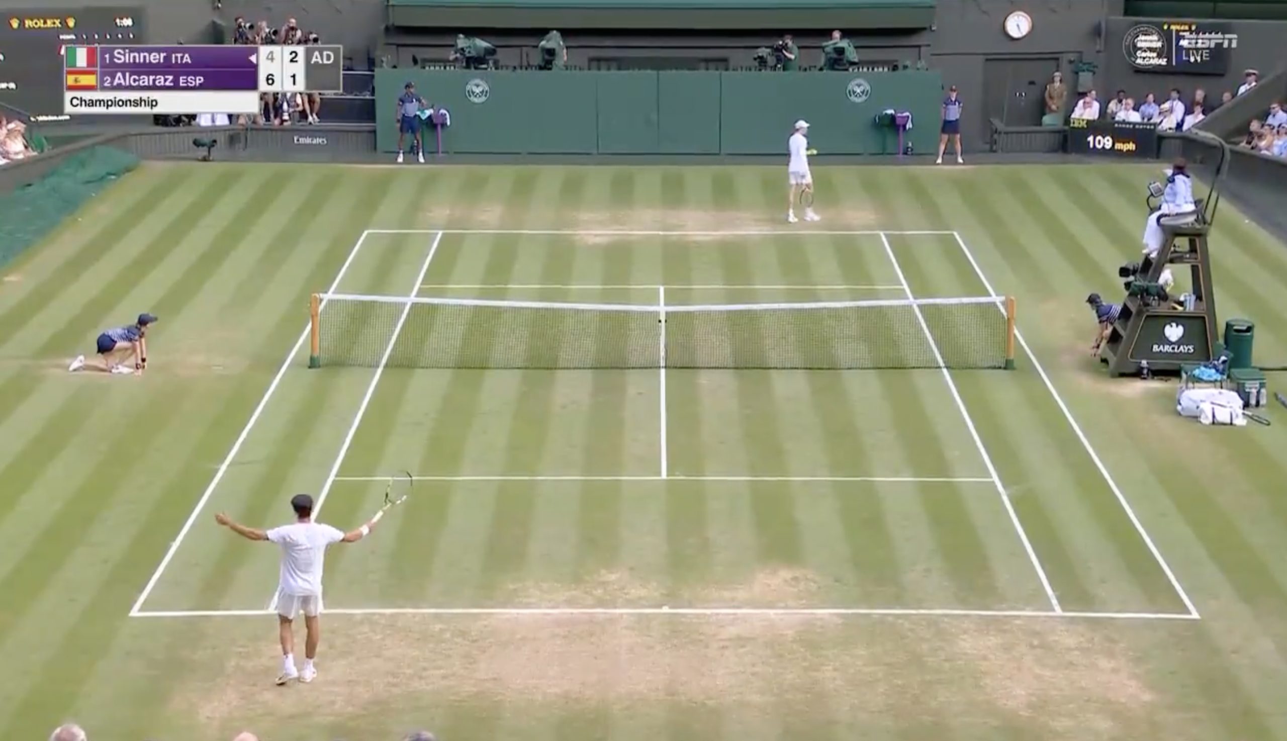 A champagne cork interrupted play at the Wimbledon men's singles final between Jannik Sinner and Carlos Alcaraz. Photo Credit: ESPN