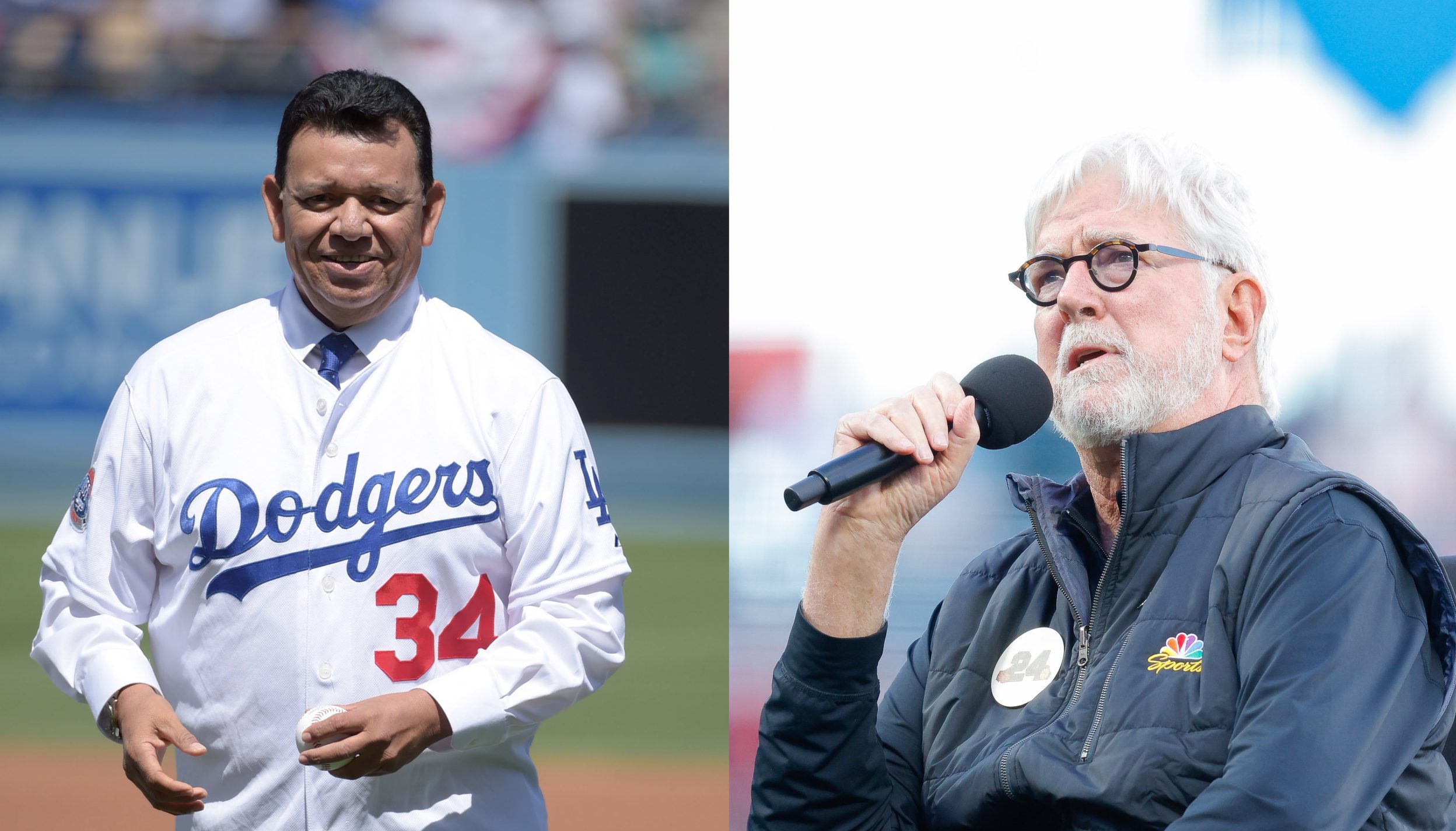 During Friday's Giants-Dodgers game, Giants announcer Mike Krukow called for late Dodgers legend Fernando Valenzuela to go to the Hall of Fame. Photo Credits: Kirby Lee-Imagn Images (Fernando Valenzuela, left); Sergio Estrada-Imagn Images (Mike Krukow, right).