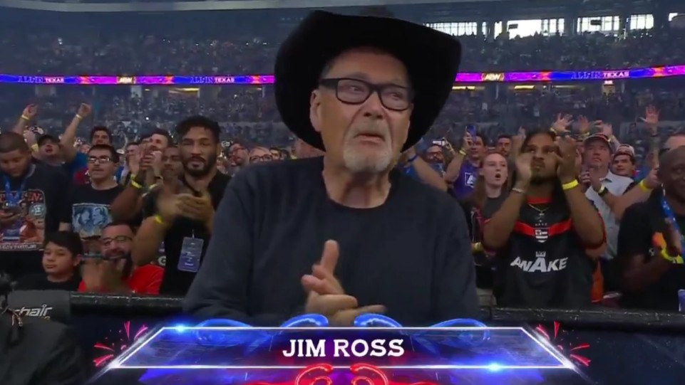 Legendary wrestling announcer Jim Ross returned to commentary at AEW's All In. He was previously sidelined while fighting colon cancer. Photo Credit: AEW.