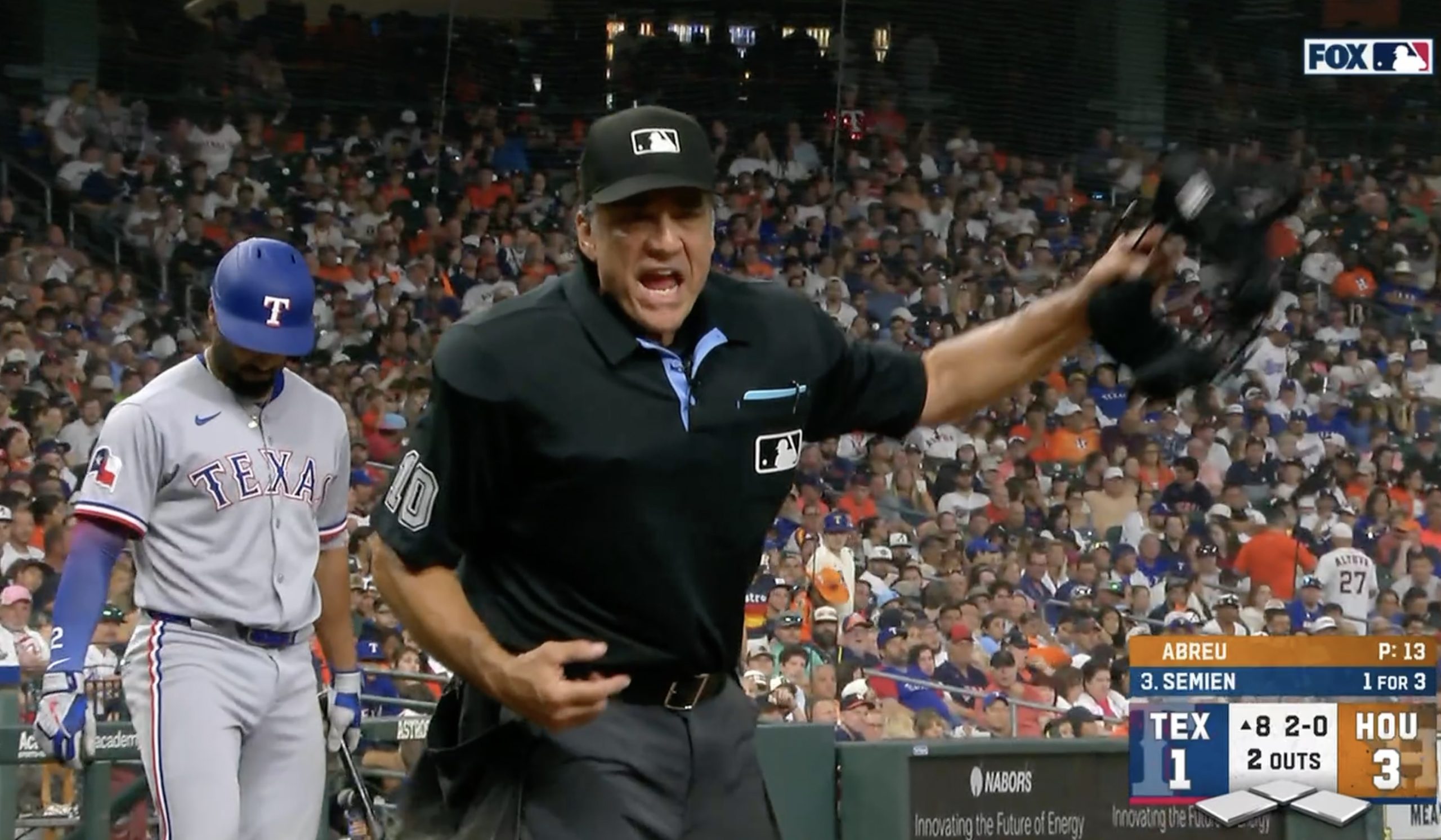 MLB umpire Phil Cuzzi yells at the Houston Astros. Photo Credit: Fox