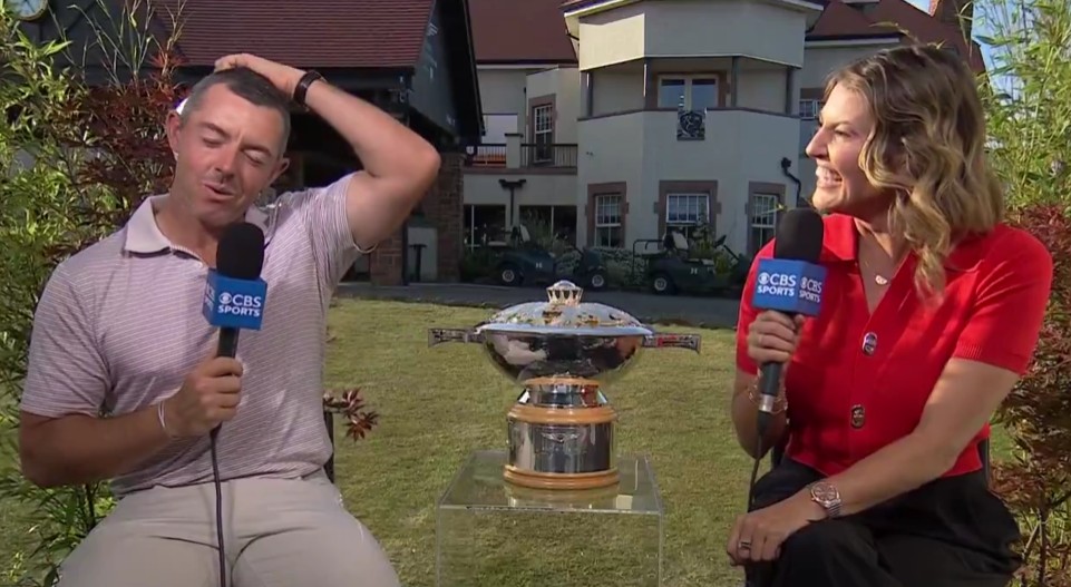 During a post-match interview with Amanda Balionis, Rory McIlroy joked about and even showed off his gray hair. Photo Credit: CBS
