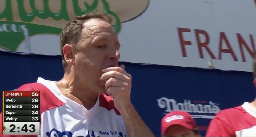 Joey Chestnut on ESPN's broadcast of the annual Nathan's Hot Dog Eating Contest.