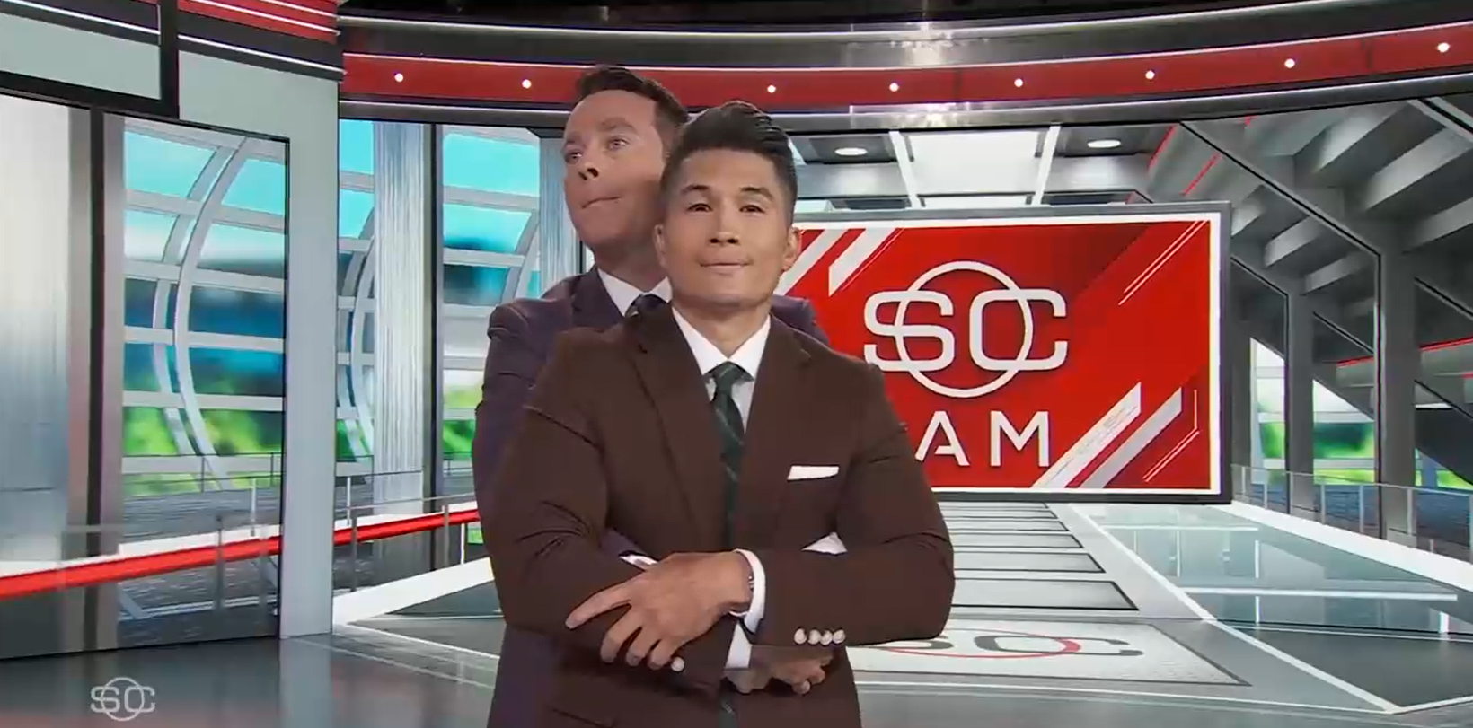 'SportsCenter' anchors Gary Striewski and Randy Scott reenacted the alleged affair that was caught on camera at a Coldplay concert.