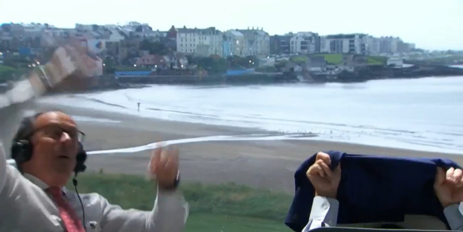 Dan Hicks and Kevin Kisner react to bat during Open Championship