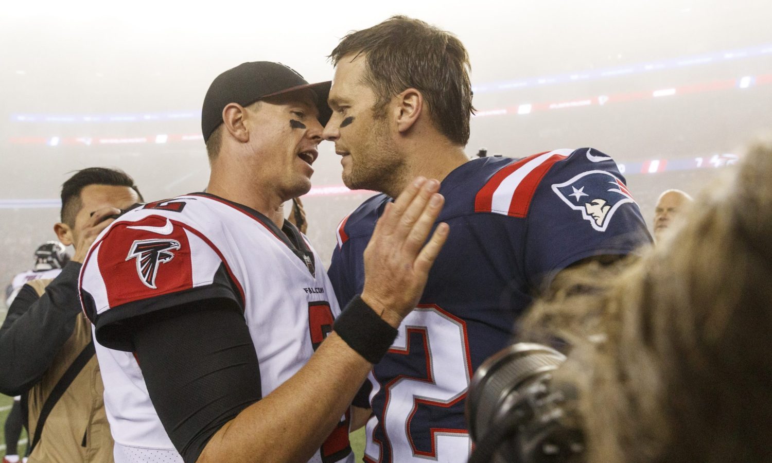 Oct 22, 2017; Foxborough, MA, USA; New England Patriots quarterback Tom Brady (12) greets Atlanta Falcons quarterback Matt Ryan (2) after the game at Gillette Stadium.