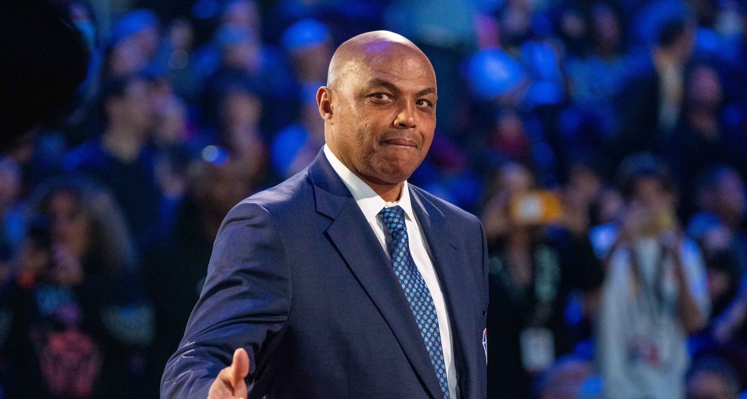 NBA great Charles Barkley is honored for being selected to the NBA 75th Anniversary Team during halftime in the 2022 NBA All-Star Game at Rocket Mortgage FieldHouse.
