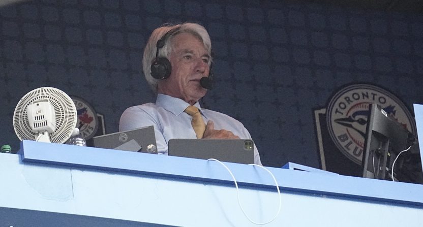 Jul 26, 2022; Toronto, Ontario, CAN; Toronto Blue Jays broadcaster Buck Martinez after a tribute for his return to the booth for a game against the St. Louis Cardinals at Rogers Centre after receiving cancer treatment .