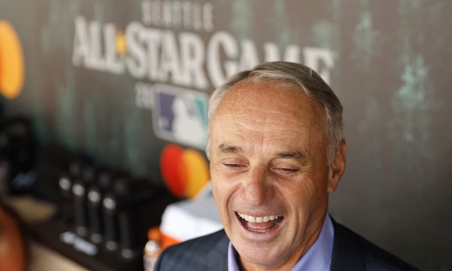 Jul 11, 2023; Seattle, Washington, USA; MLB commissioner Rob Manfred talks to the media before the 2023 MLB All Star Game at T-Mobile Park.