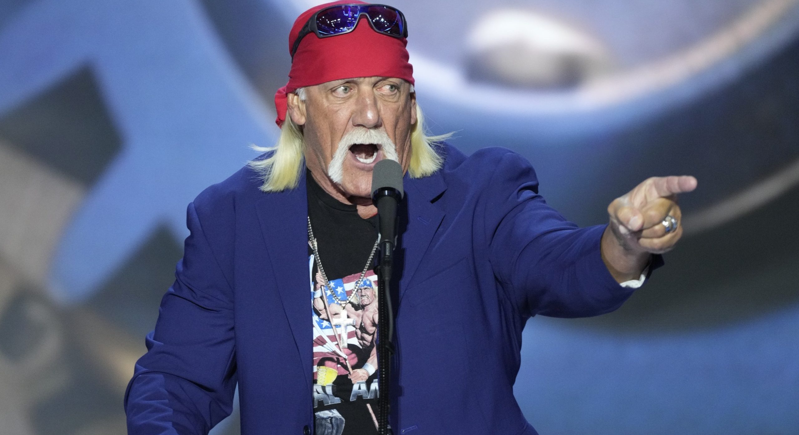 July 18, 2024; Milwaukee, WI, USA; Hulk Hogan, professional entertainer and wrestler, speaks during the final day of the Republican National Convention at the Fiserv Forum. The final day of the RNC featured a keynote address by Republican presidential nominee Donald Trump. Mandatory Credit: Jasper Colt-USA TODAY