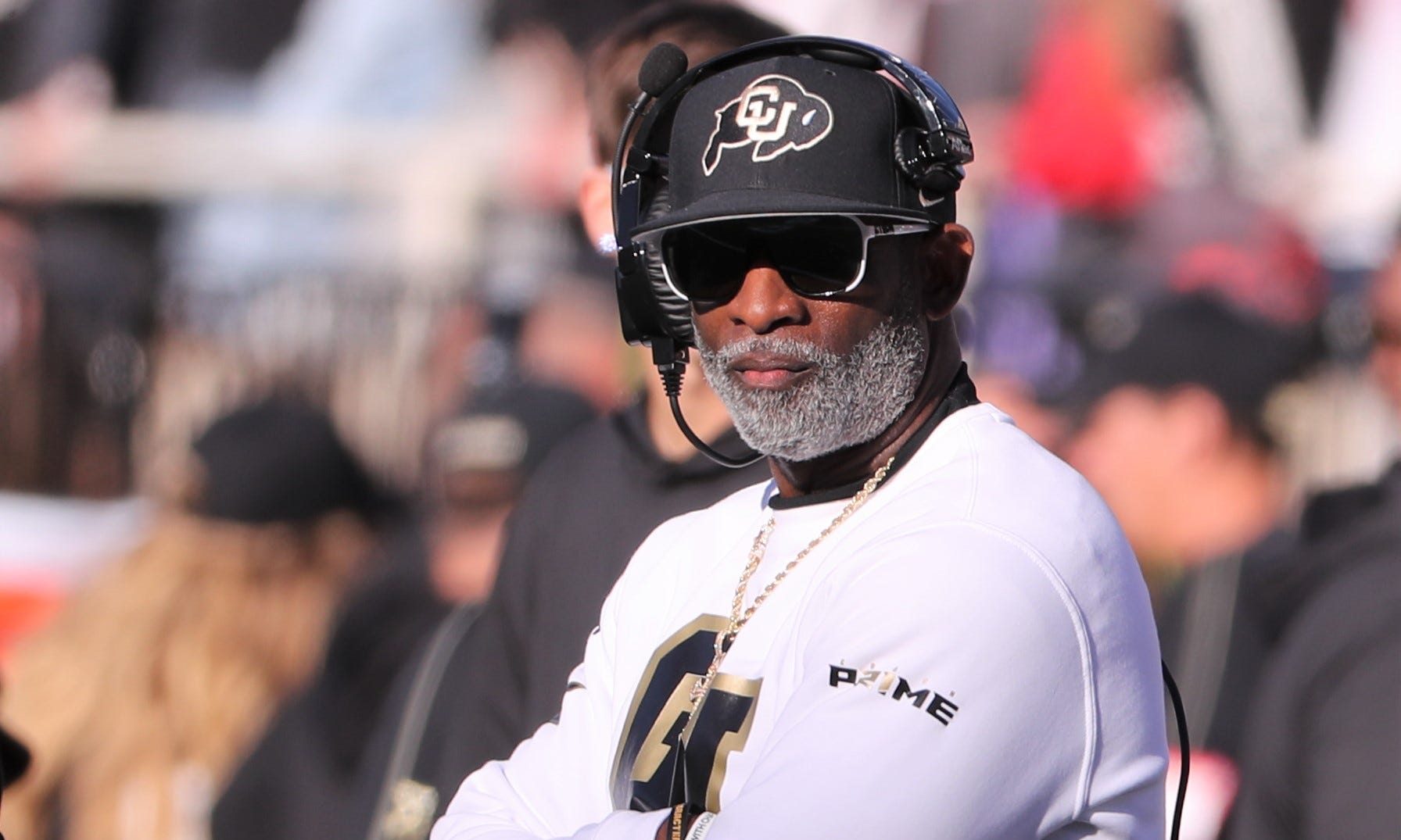 Colorado football coach Deion Sanders looks on against Texas Tech in a Big 12 football game Saturday, Nov. 9, 2024, at Jones AT&T Stadium