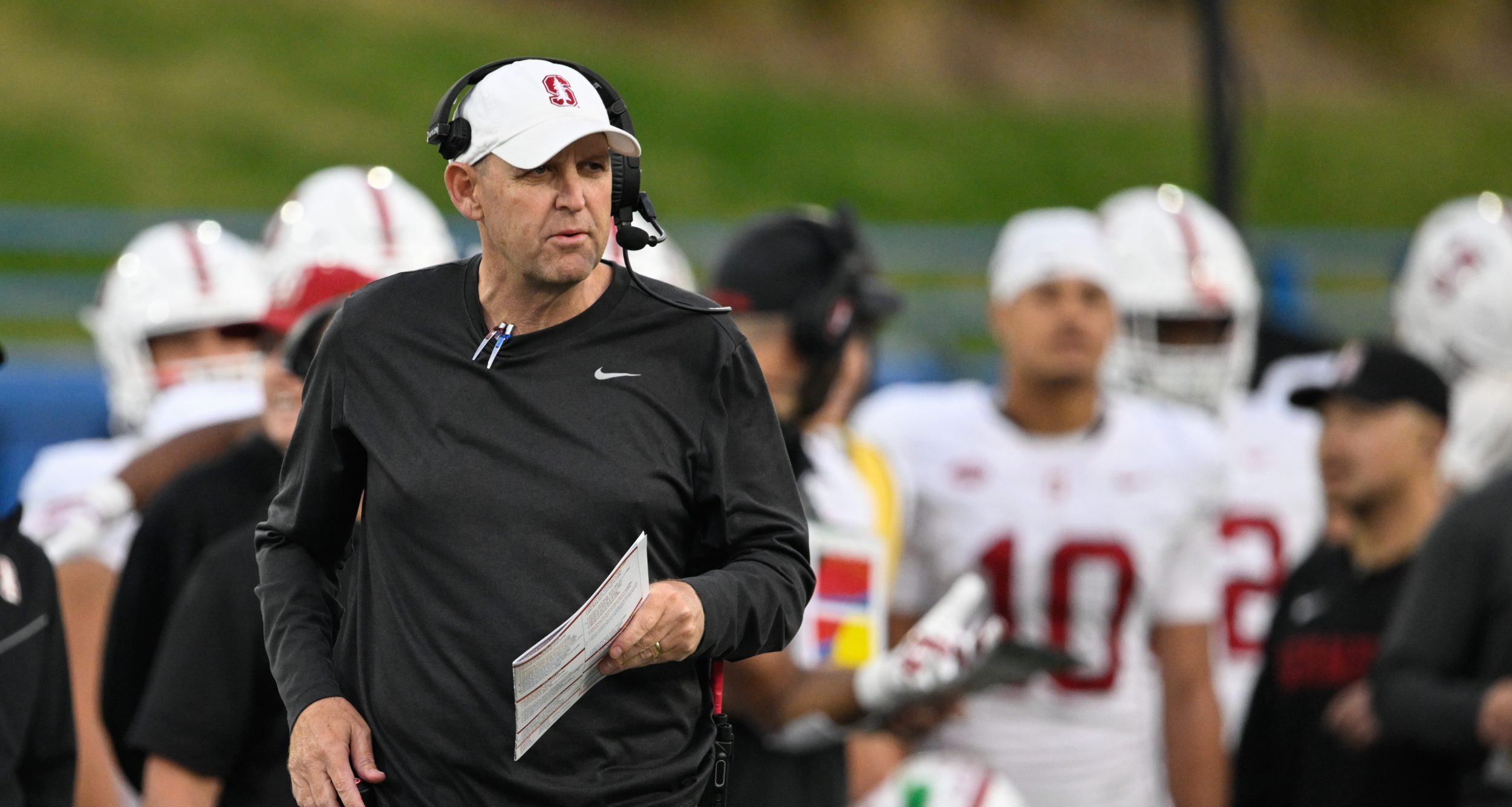 Nov 29, 2024; San Jose, California, USA; Stanford Cardinal head coach Troy Taylor looks on against the San Jose State Spartans in the fourth quarter at CEFCU Stadium.