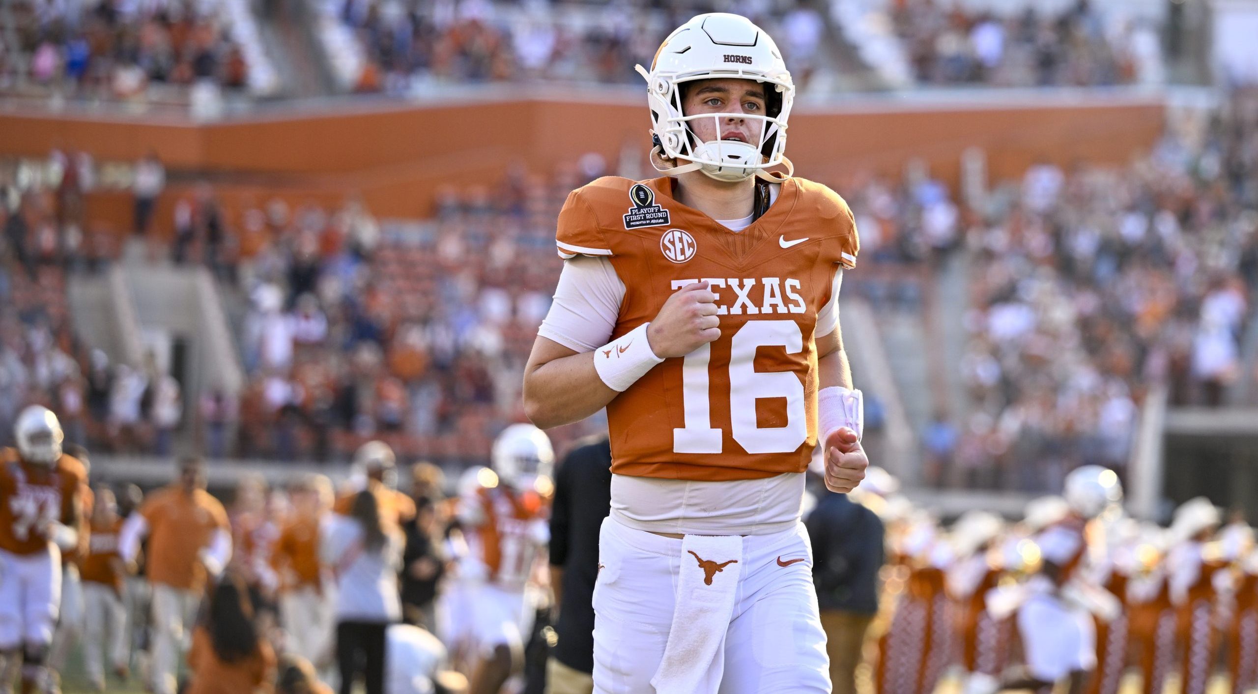 Dec 21, 2024; Austin, Texas, USA; Texas Longhorns quarterback Arch Manning (16) takes the field before the game between the Texas Longhorns and the Clemson Tigers in the CFP National Playoff First Round at Darrell K Royal-Texas Memorial Stadium. Mandatory Credit: Jerome Miron-Imagn Images