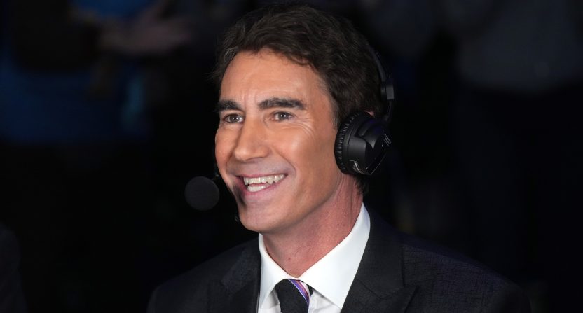 Jan 7, 2025; Los Angeles, California, USA; Peacock play-by-play announcer Terry Gannon during the game between the Michigan Wolverines and the UCLA Bruins at Pauley Pavilion presented by Wescom. Mandatory Credit: Kirby Lee-Imagn Images