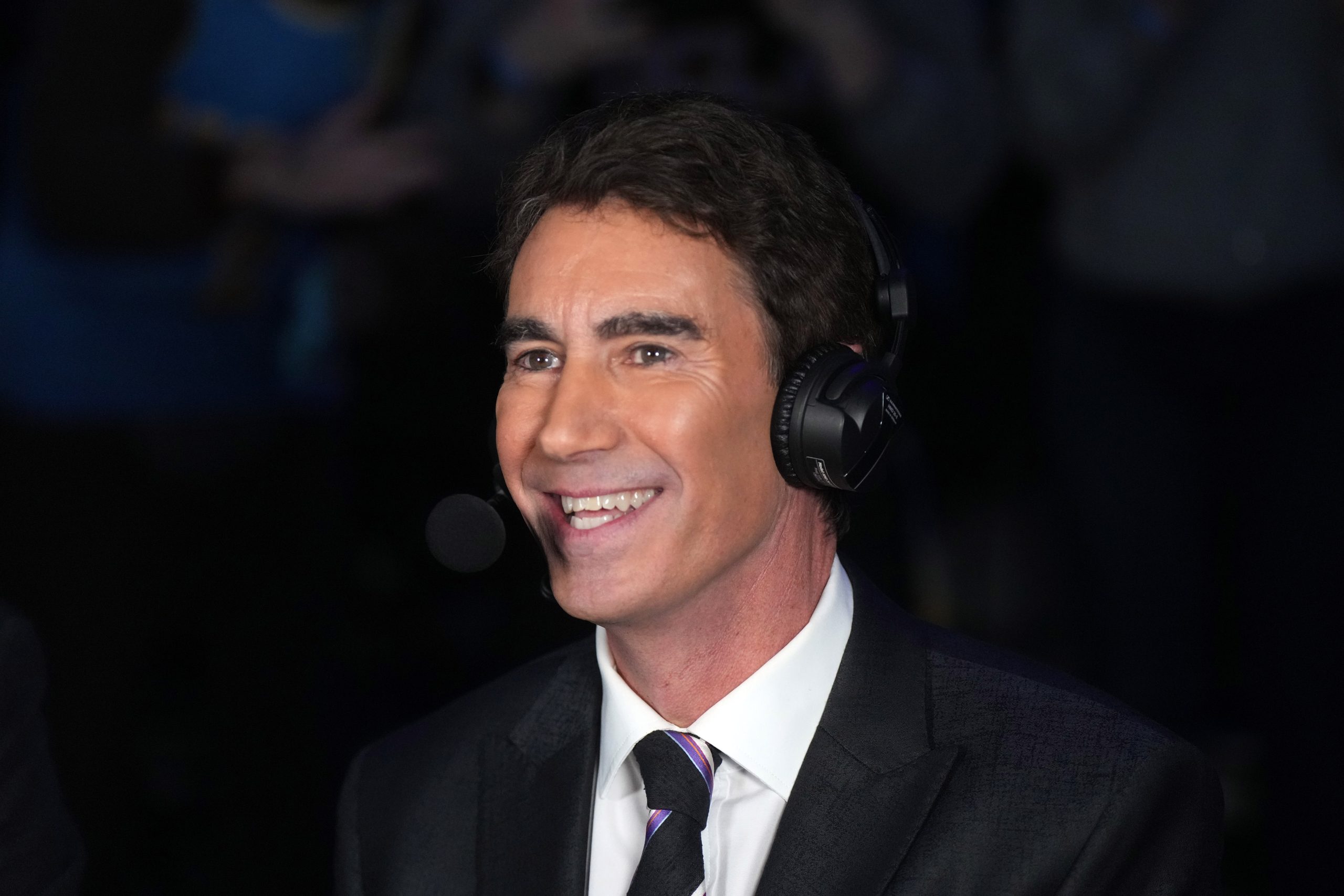 Jan 7, 2025; Los Angeles, California, USA; Peacock play-by-play announcer Terry Gannon during the game between the Michigan Wolverines and the UCLA Bruins at Pauley Pavilion presented by Wescom. Mandatory Credit: Kirby Lee-Imagn Images
