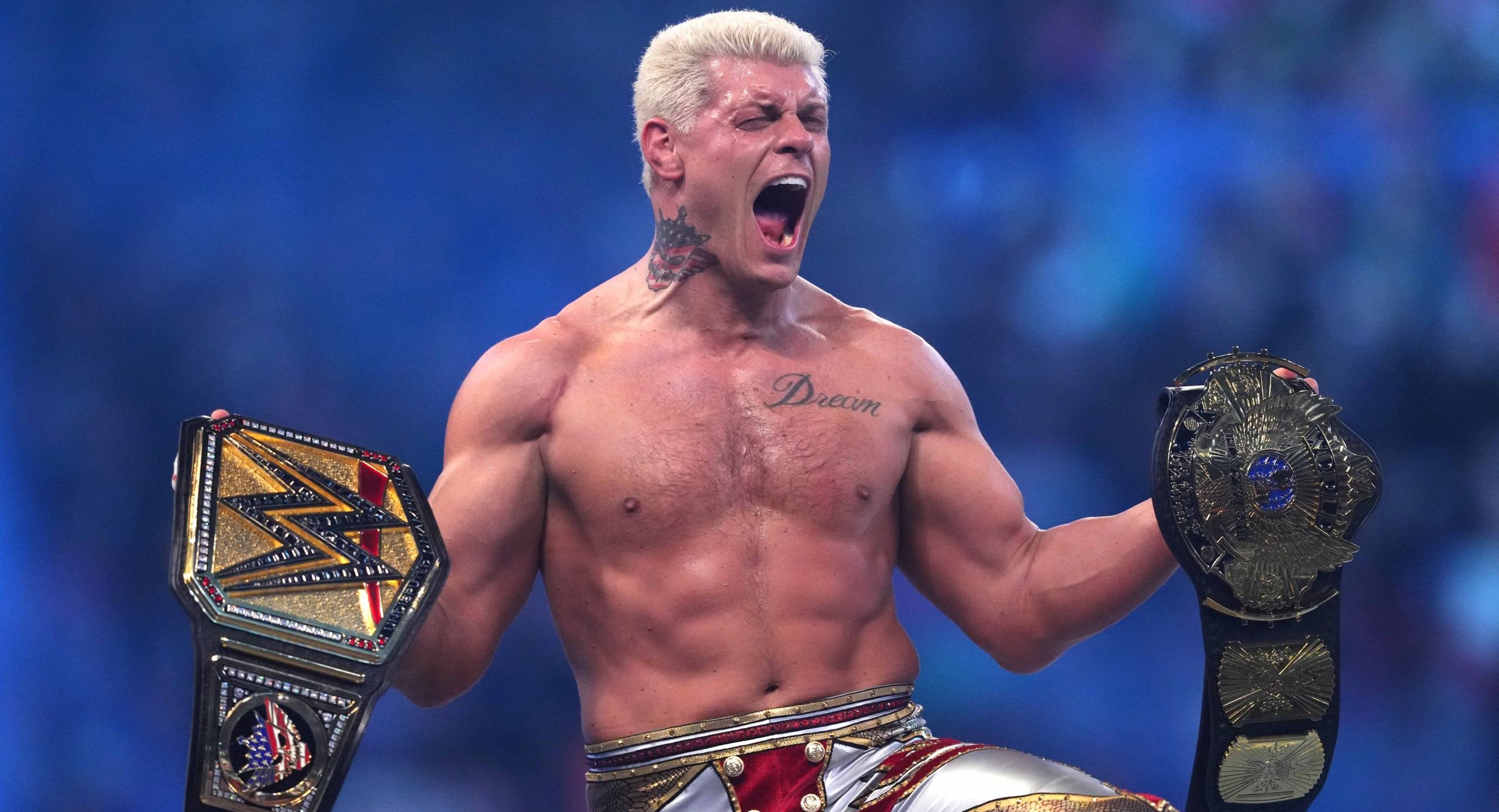 Feb 1, 2025; Indianapolis, IN, USA; Cody Rhodes celebrates after defeating Kevin Owens during the WWE Undiisputed Championship match during the WWE Royal Rumble at Lucas Oil Stadium. Mandatory Credit: Joe Camporeale-Imagn Images