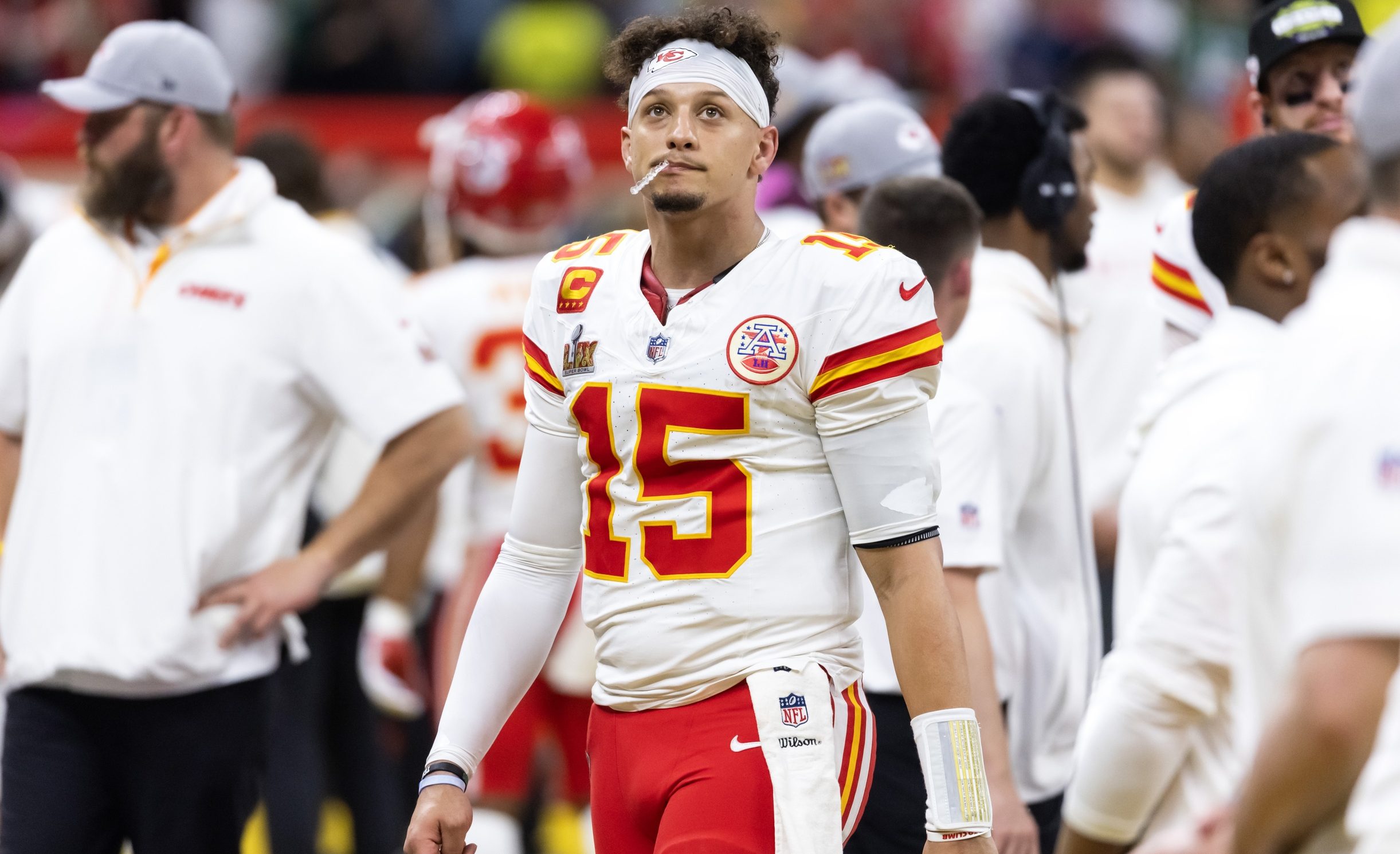 Feb 9, 2025; New Orleans, LA, USA; Kansas City Chiefs quarterback Patrick Mahomes (15) reacts against the Philadelphia Eagles in Super Bowl LIX at Ceasars Superdome. Mandatory Credit: Mark J. Rebilas-Imagn Images